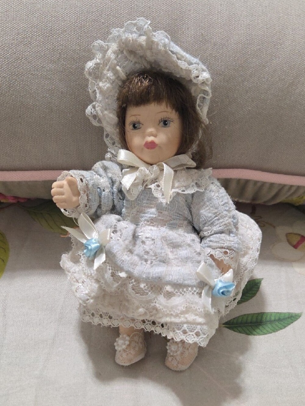 Vintage 1980's Porcelain Baby Doll in Lace Cream and Light Blue Dress
